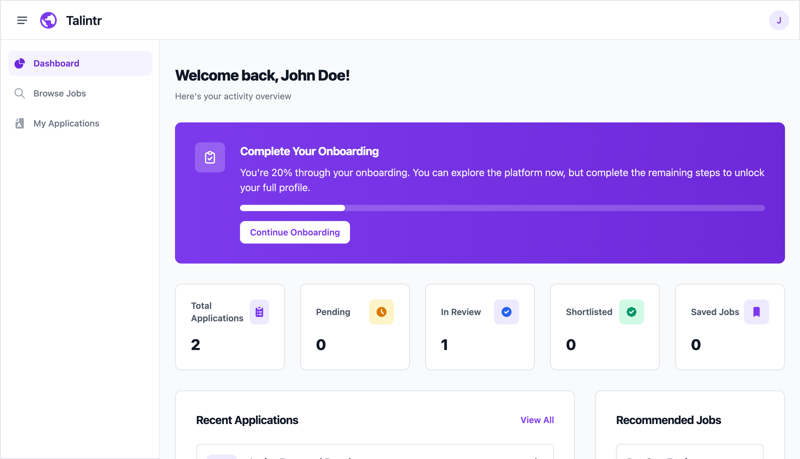 Talintr candidate dashboard showing applications, onboarding progress, and recommended jobs