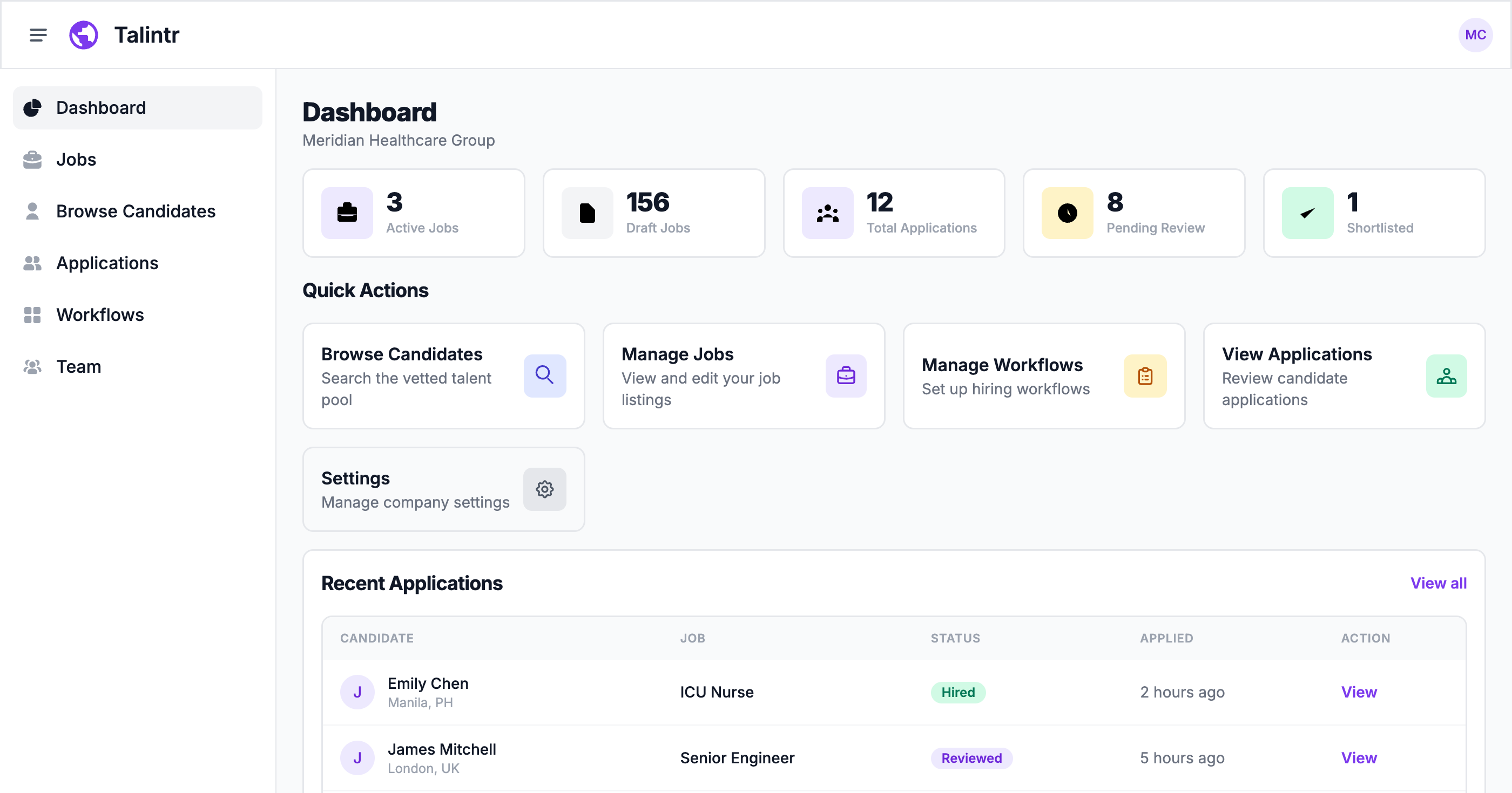 Talintr employer dashboard — manage jobs, track applications, and hire across industries