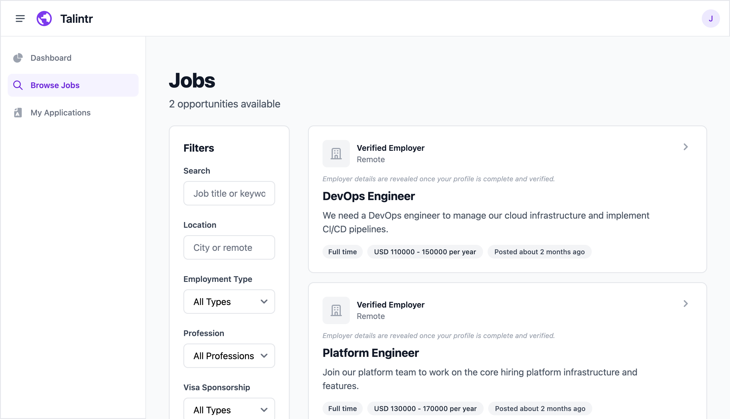 Talintr job search with filters for profession, country, visa sponsorship, and employment type